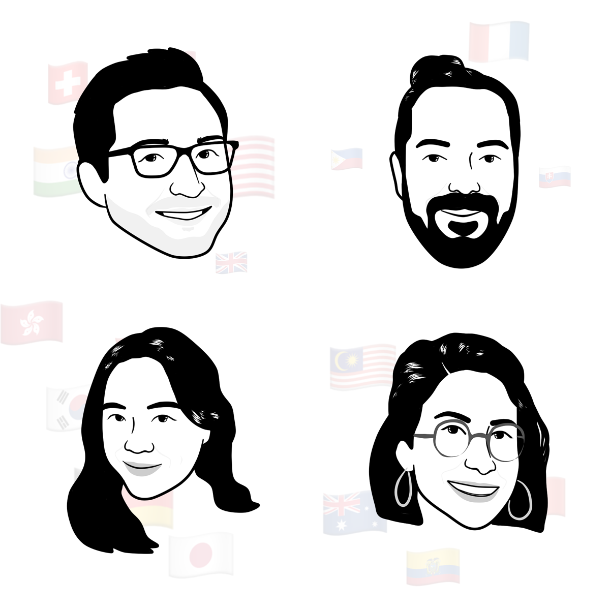 Four Notion-style avatars drawn by Notionistics, over faded flags of clients' countries
